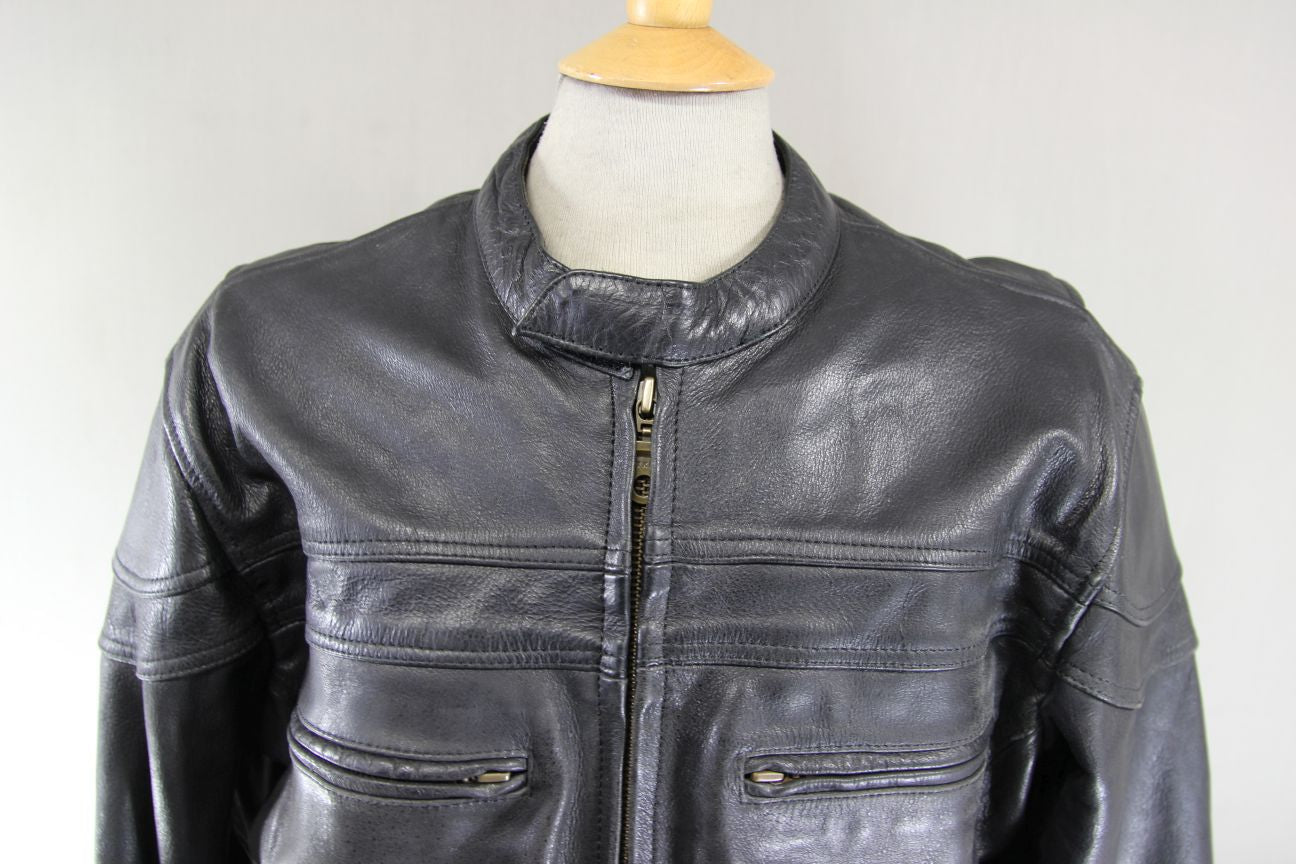 BIKERS GEAR BLACK LEATHER JACKET WITH CE ARMOUR & THERMAL LINING: 42-44 INCH