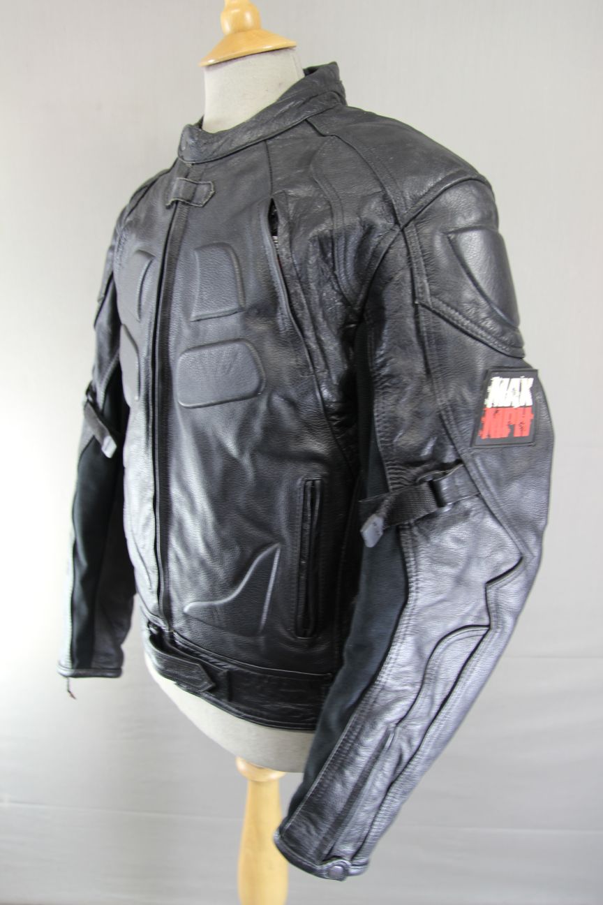 MAX MPH BLACK LEATHER BIKER JACKET WITH BACK, SHOULDER & ELBOW CE ARMOUR 40 INCH