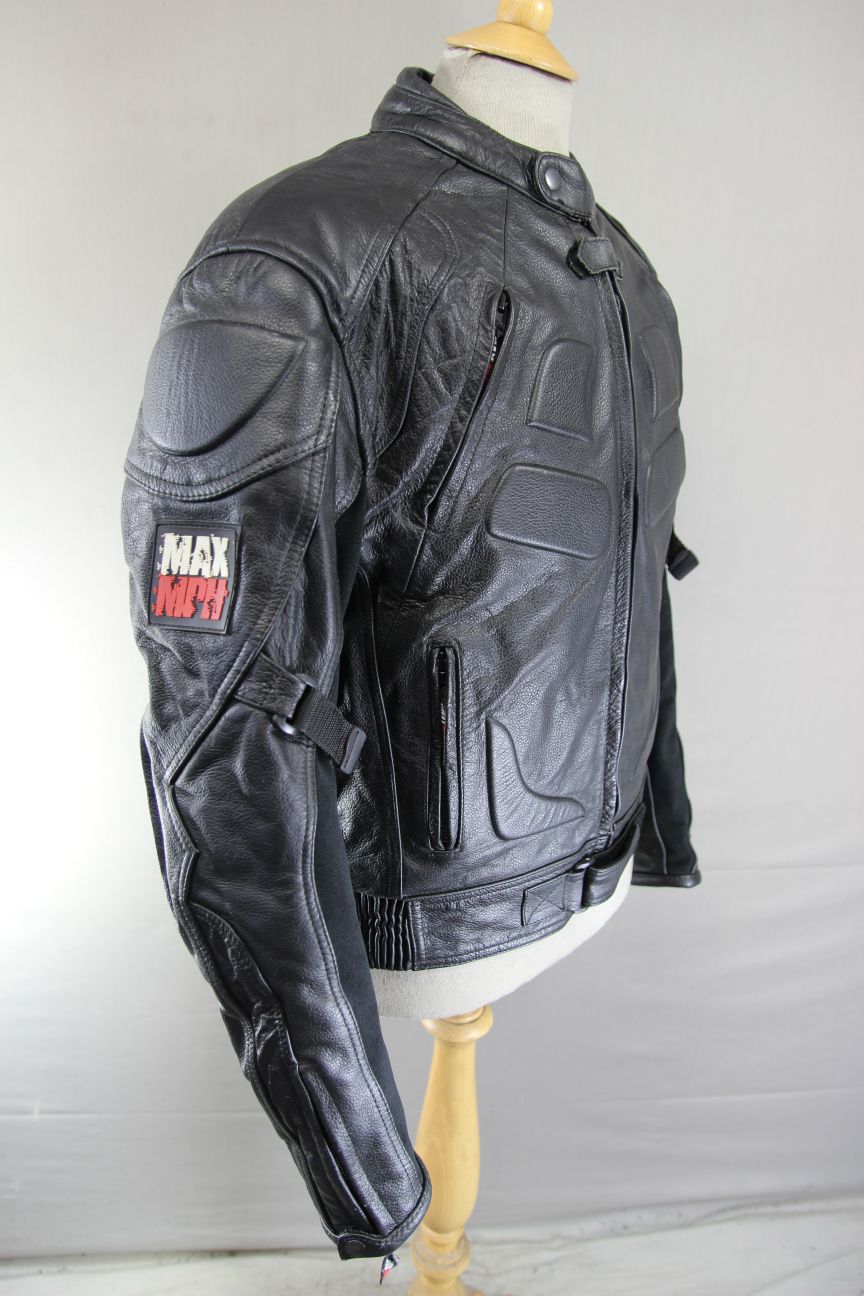 MAX MPH BLACK LEATHER BIKER JACKET WITH BACK, SHOULDER & ELBOW CE ARMOUR 40 INCH