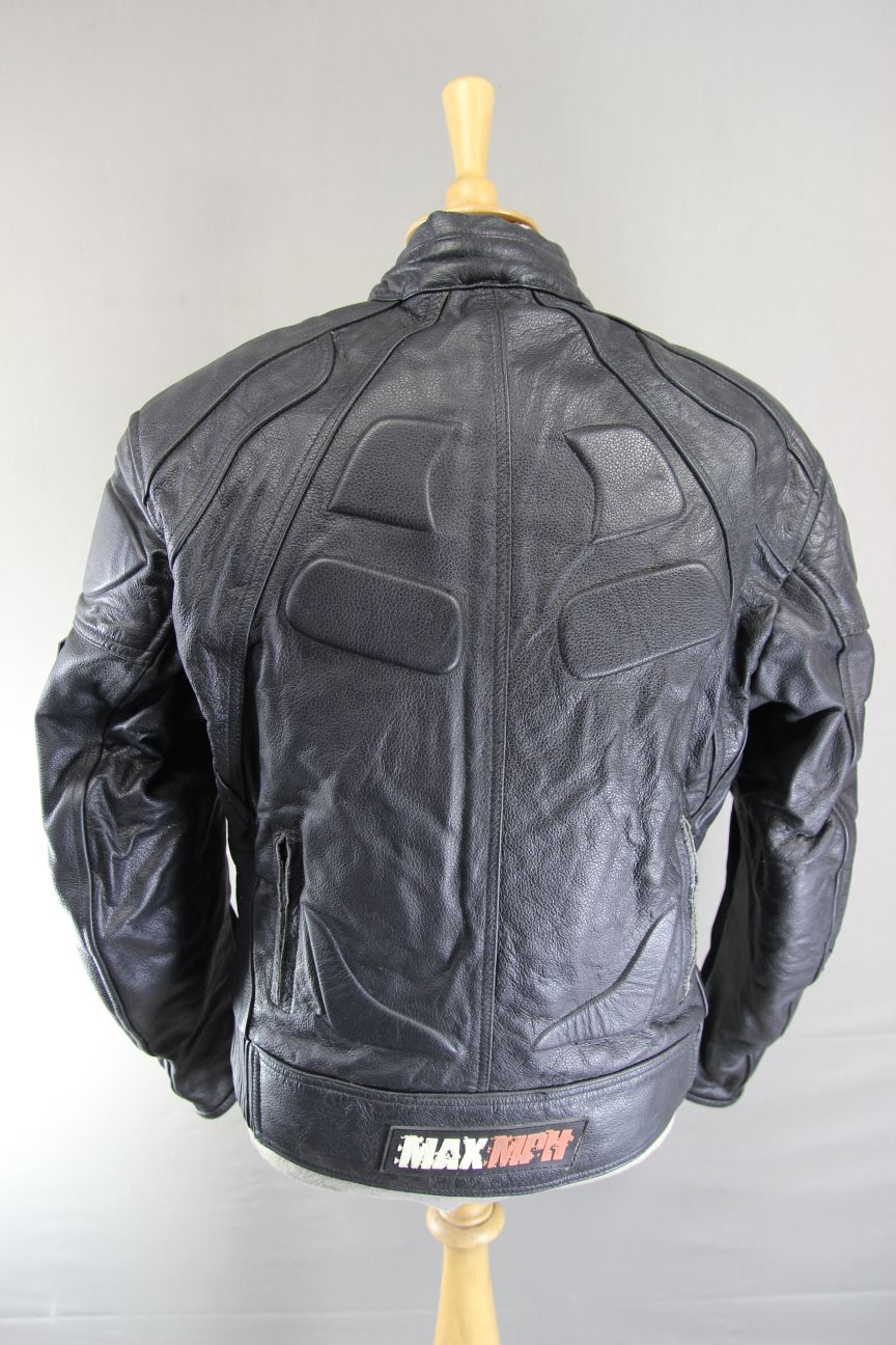 MAX MPH BLACK LEATHER BIKER JACKET WITH BACK, SHOULDER & ELBOW CE ARMOUR 40 INCH