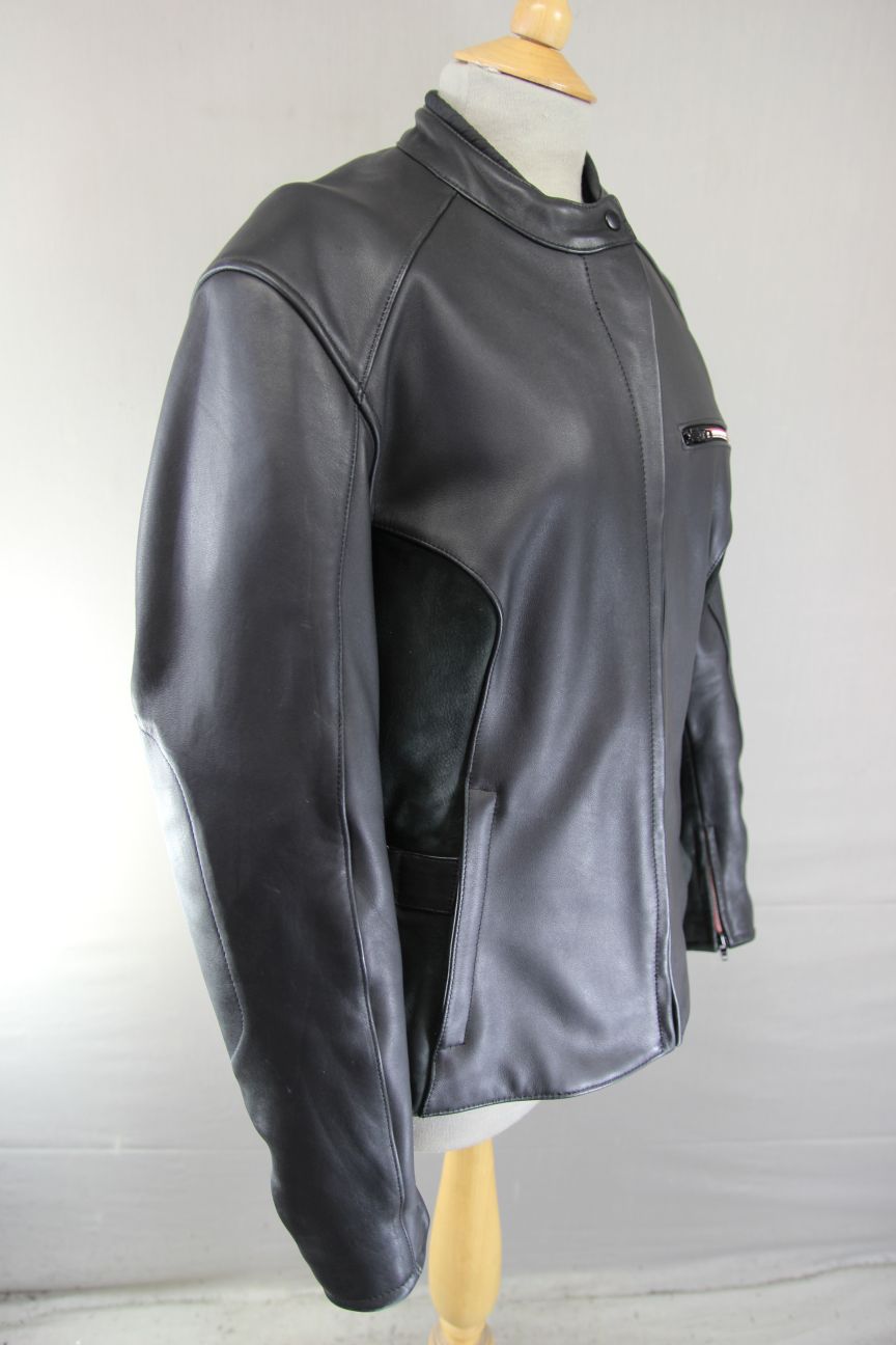 HEIN GERICKE BLACK LEATHER & SUEDE BIKER JACKET WITH REMOVABLE CE ARMOUR SIZE 16