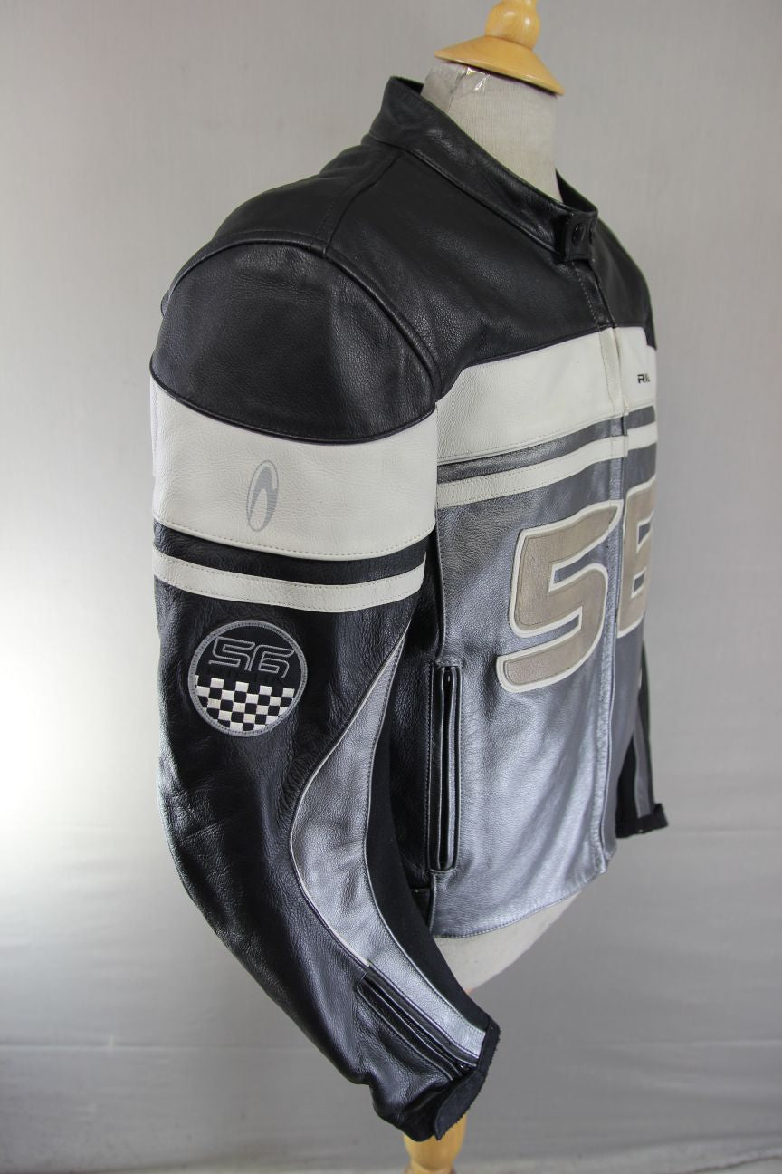 RICHA SILVER & BLACK LEATHER BIKER JACKET WITH CE ARMOUR & THERMAL LINING 44 IN