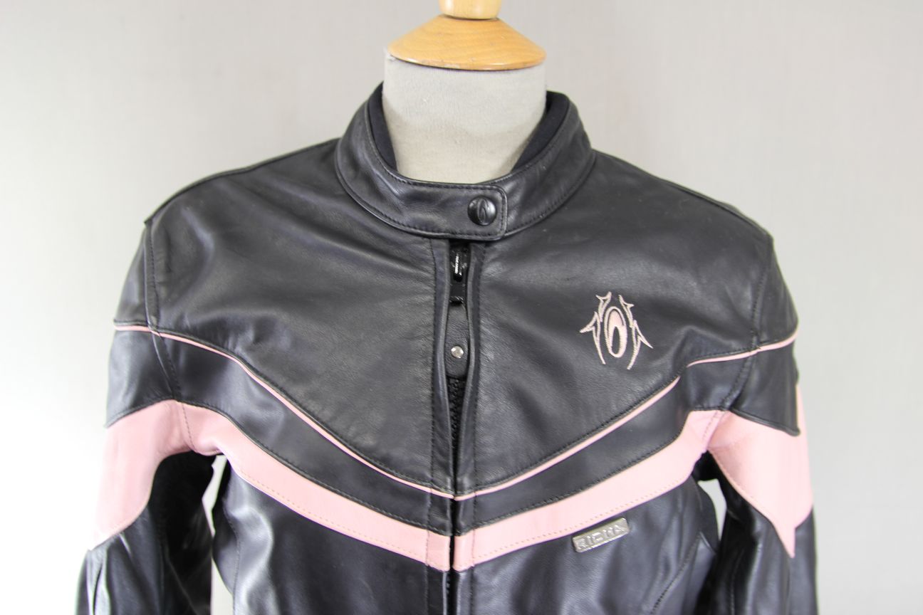 RICHA BLACK & PINK LEATHER BIKER JACKET + BACK/SHOULDER/ELBOW CE ARMOUR: SIZE 12