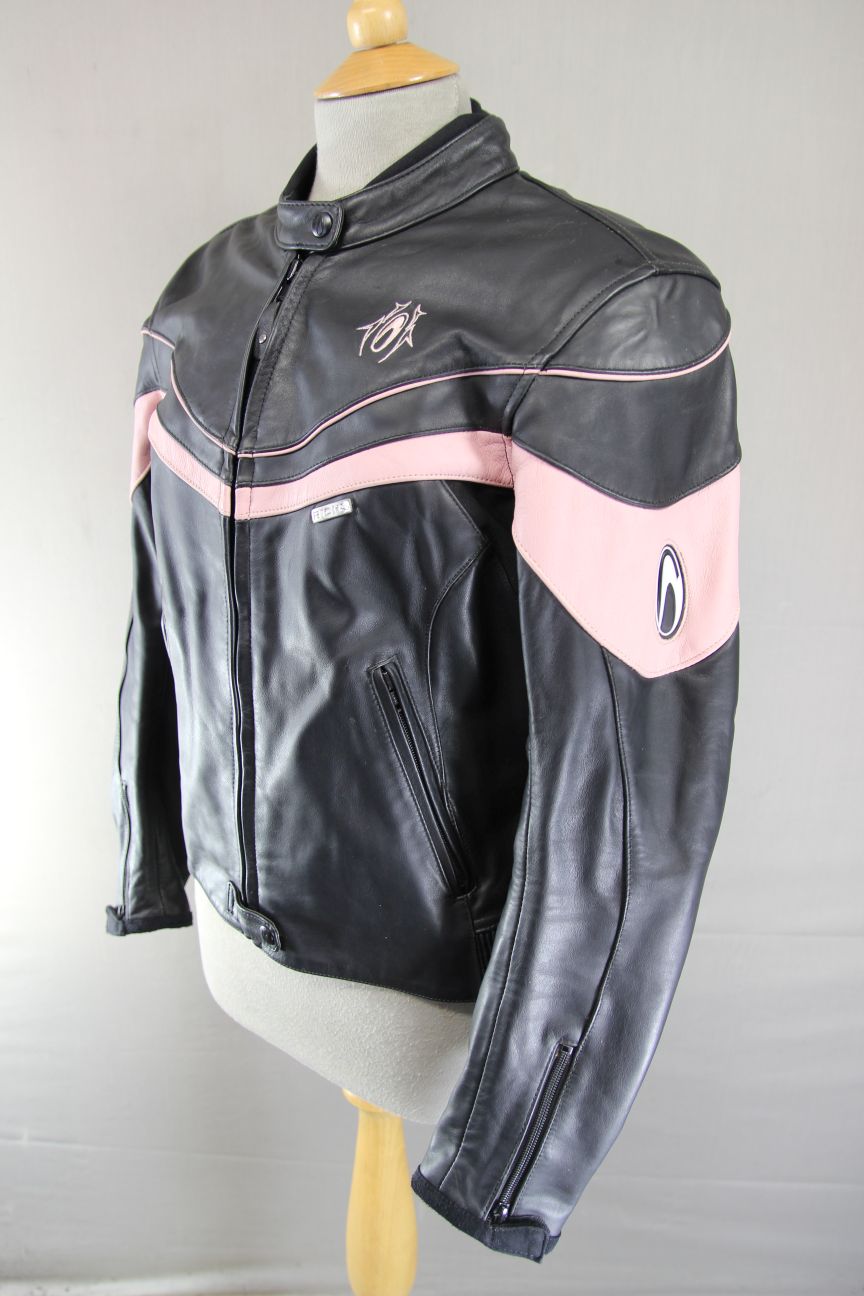 RICHA BLACK & PINK LEATHER BIKER JACKET + BACK/SHOULDER/ELBOW CE ARMOUR: SIZE 12