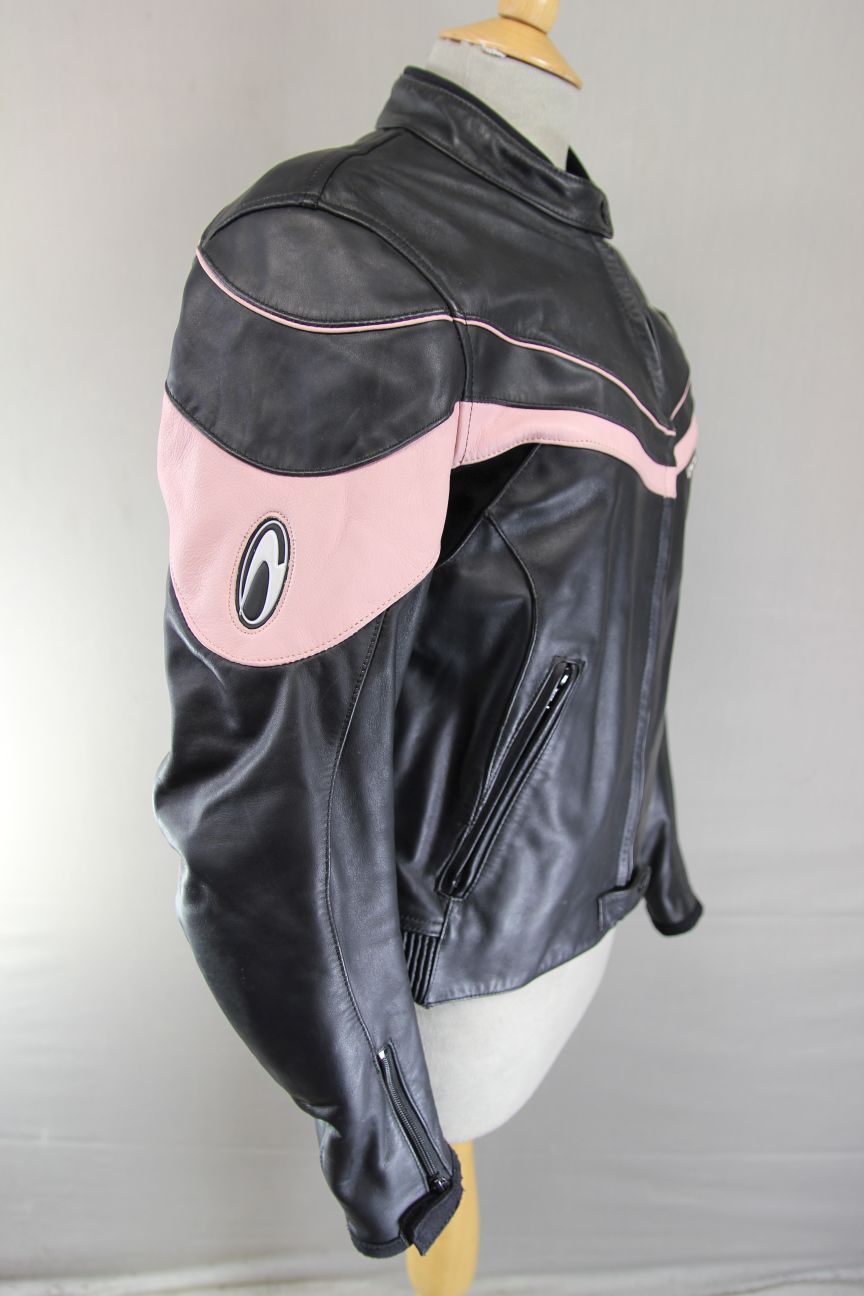RICHA BLACK & PINK LEATHER BIKER JACKET + BACK/SHOULDER/ELBOW CE ARMOUR: SIZE 12