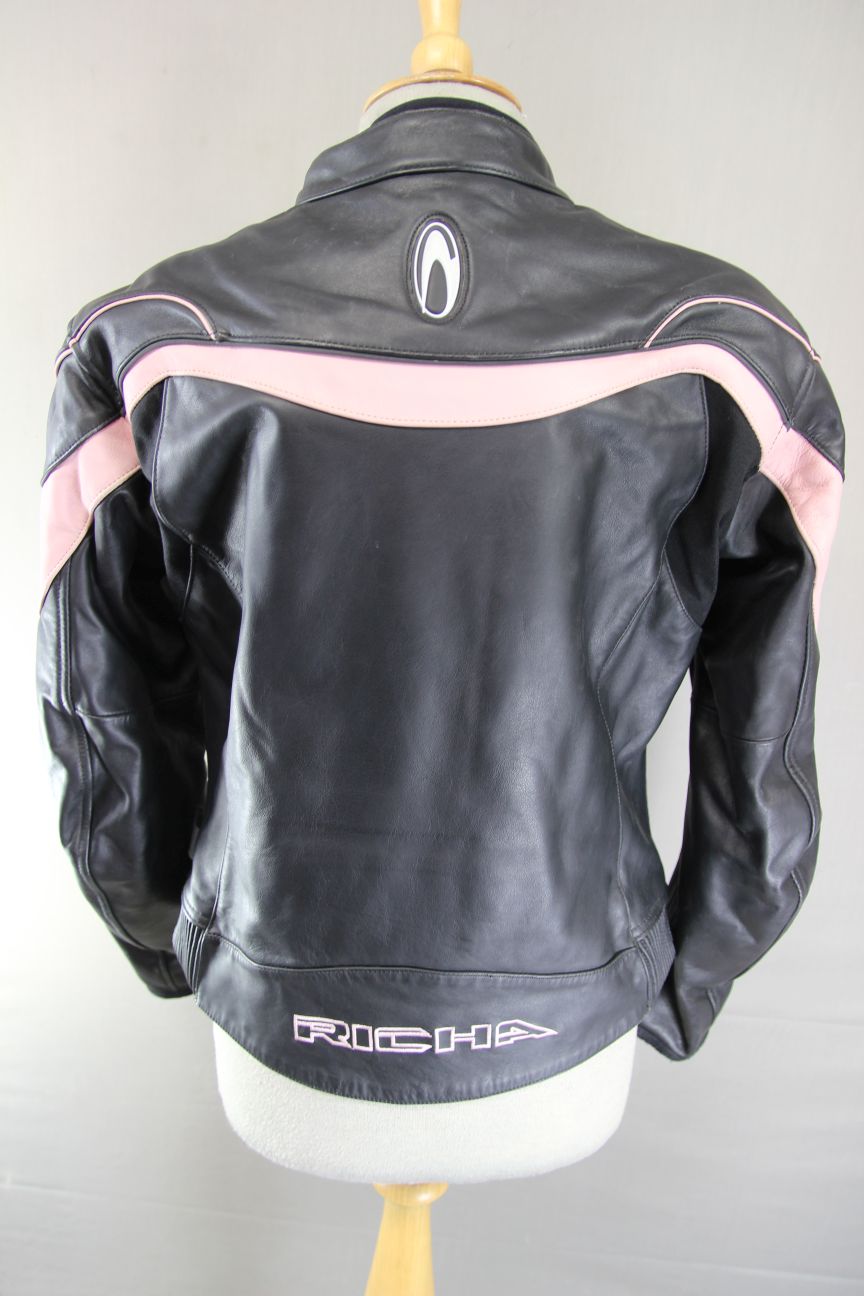 RICHA BLACK & PINK LEATHER BIKER JACKET + BACK/SHOULDER/ELBOW CE ARMOUR: SIZE 12