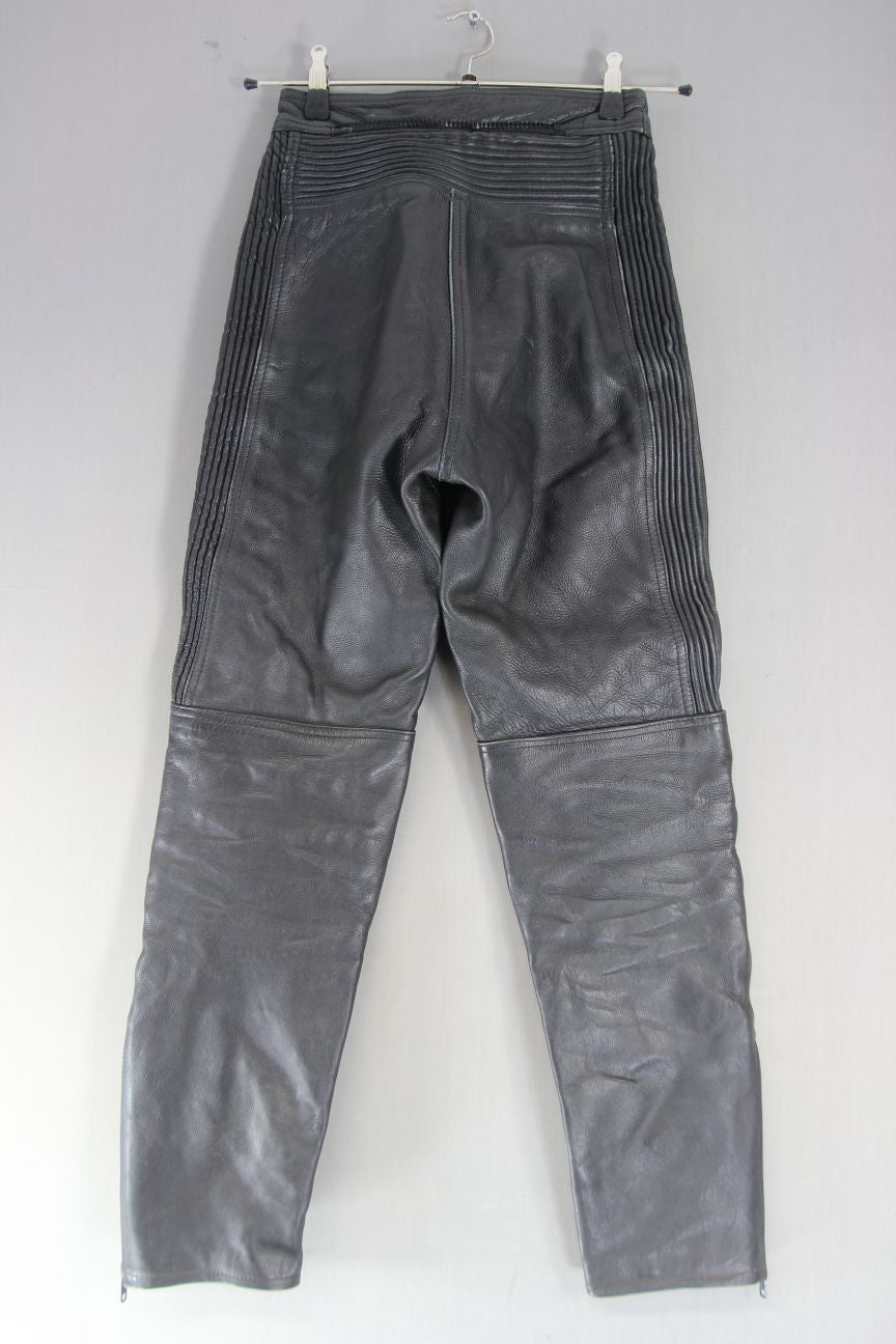 BUFFALO BLACK LEATHER BIKER TROUSERS SIZE 10: WAIST 26 INCH/INSIDE LEG 29 INCH
