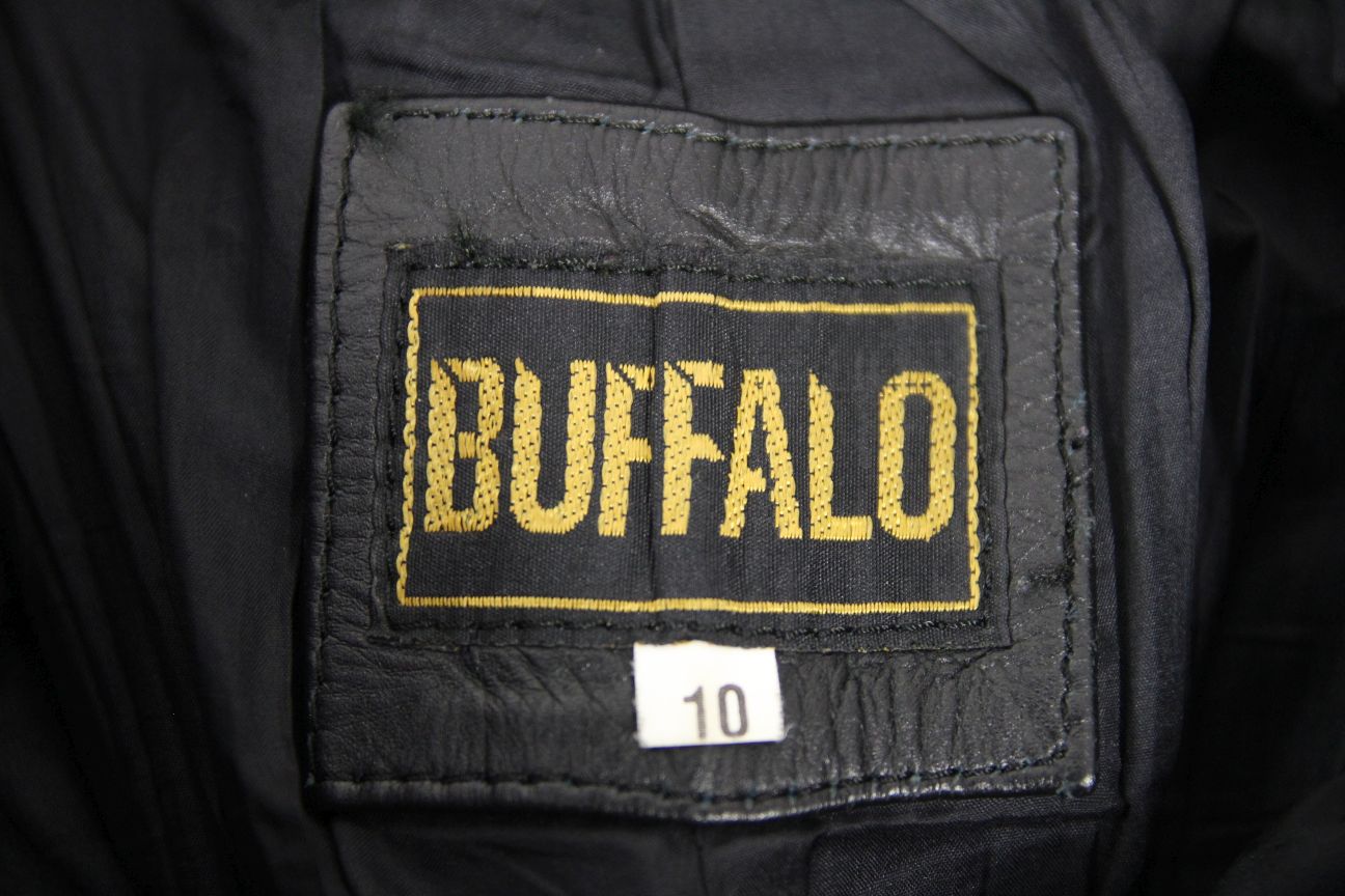 BUFFALO BLACK LEATHER BIKER TROUSERS SIZE 10: WAIST 26 INCH/INSIDE LEG 29 INCH