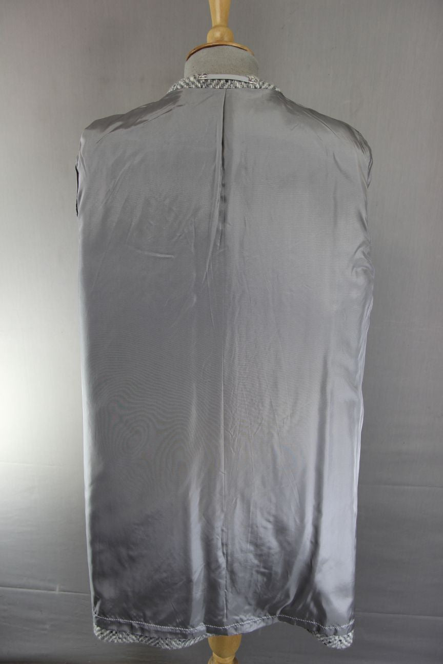 SUPERB GREY HERRINGBONE WOOL RICH BLEND SUEDE LEATHER TRIIMED COAT 36 INCH