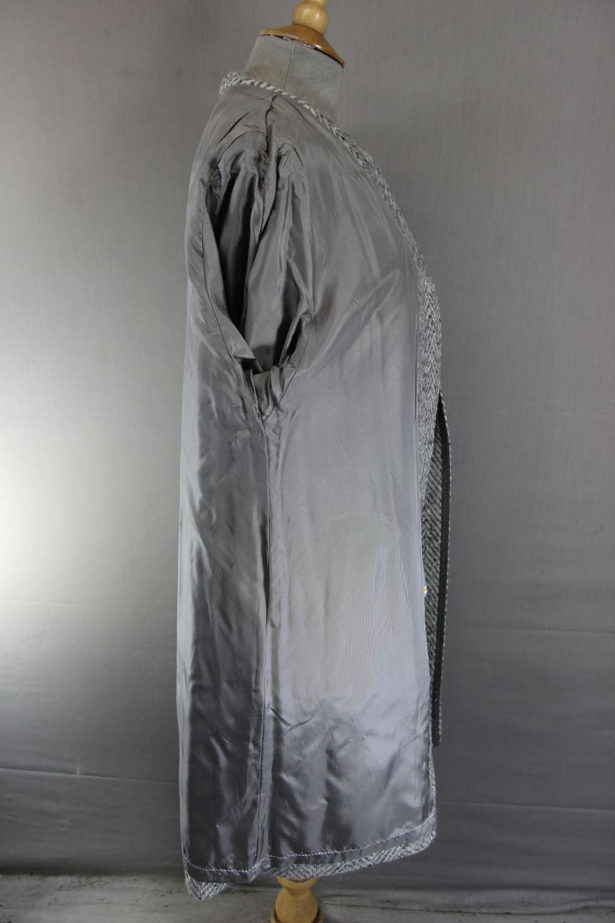 SUPERB GREY HERRINGBONE WOOL RICH BLEND SUEDE LEATHER TRIIMED COAT 36 INCH