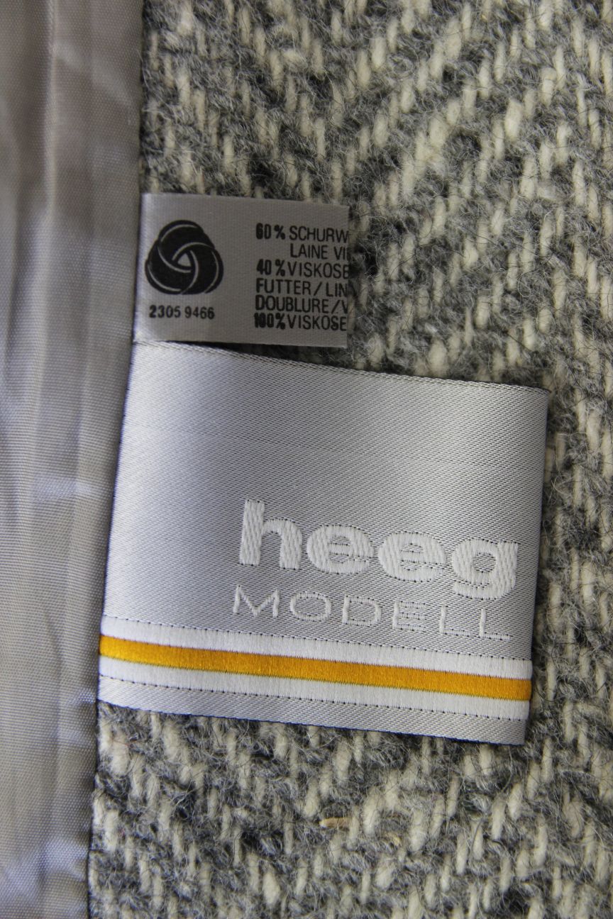 SUPERB GREY HERRINGBONE WOOL RICH BLEND SUEDE LEATHER TRIIMED COAT 36 INCH