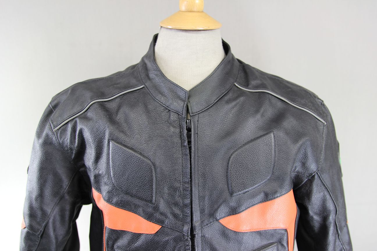 RIDEX BLACK & ORANGE LEATHER BIKER JACKET + BACK/SHOULDER/ELBOW CE ARMOUR 40IN/M