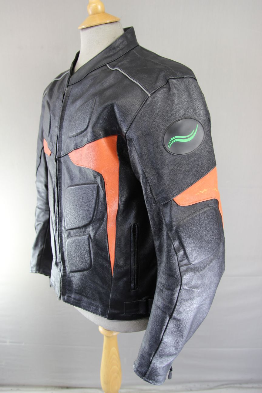 RIDEX BLACK & ORANGE LEATHER BIKER JACKET + BACK/SHOULDER/ELBOW CE ARMOUR 40IN/M