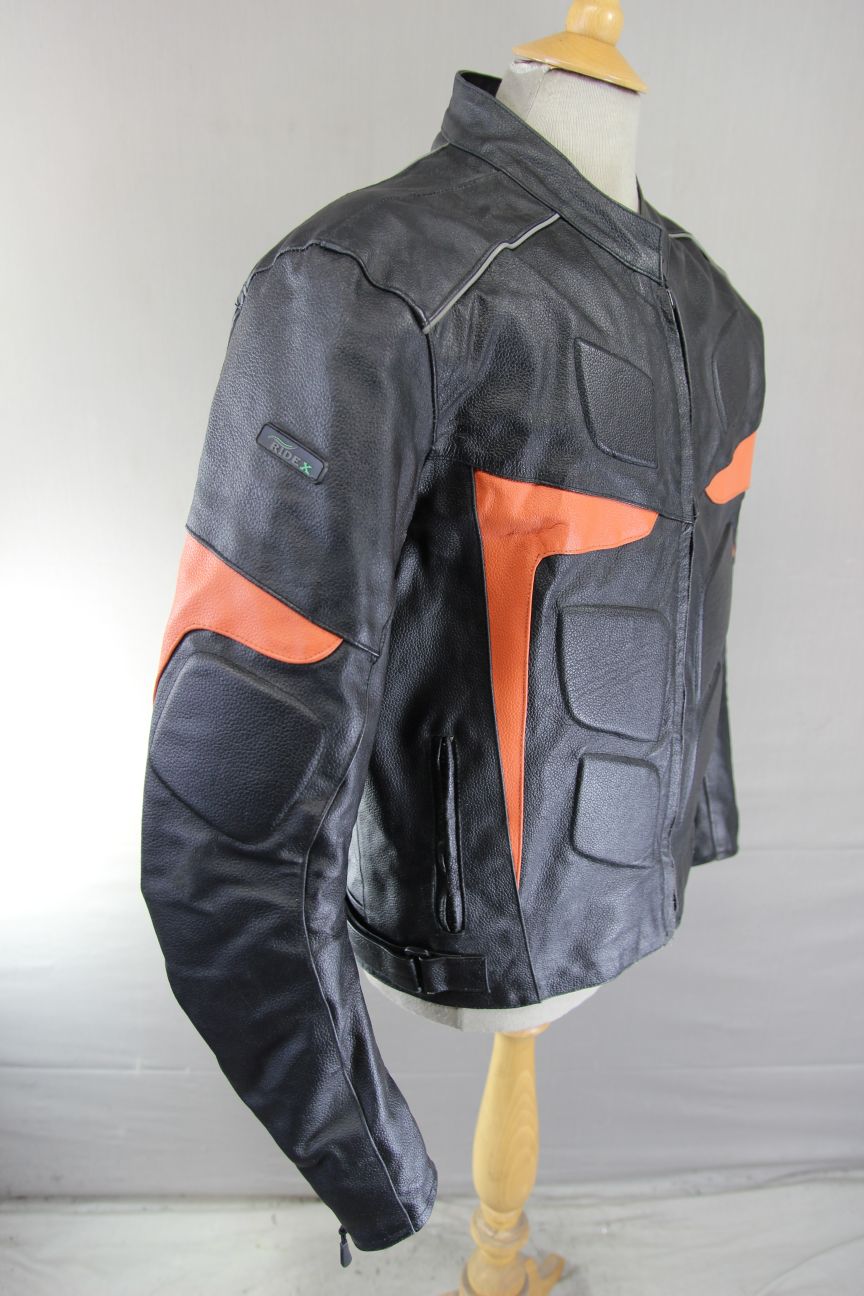 RIDEX BLACK & ORANGE LEATHER BIKER JACKET + BACK/SHOULDER/ELBOW CE ARMOUR 40IN/M