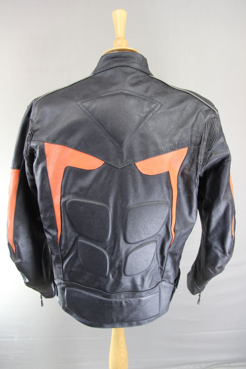 RIDEX BLACK & ORANGE LEATHER BIKER JACKET + BACK/SHOULDER/ELBOW CE ARMOUR 40IN/M