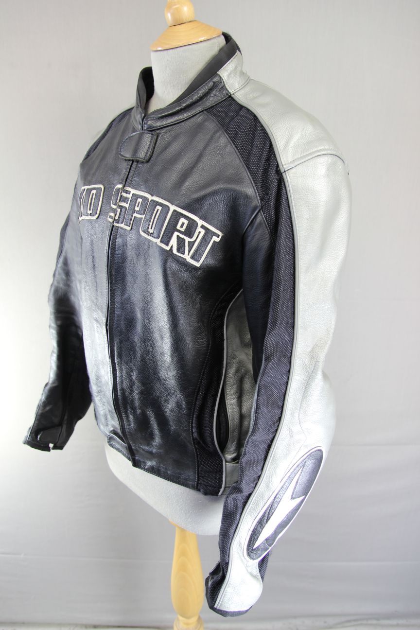AXO SPORT BLACK & SILVER LEATHER BIKER JACKET + SHOULDER & ELBOW CE ARMOUR 38 IN