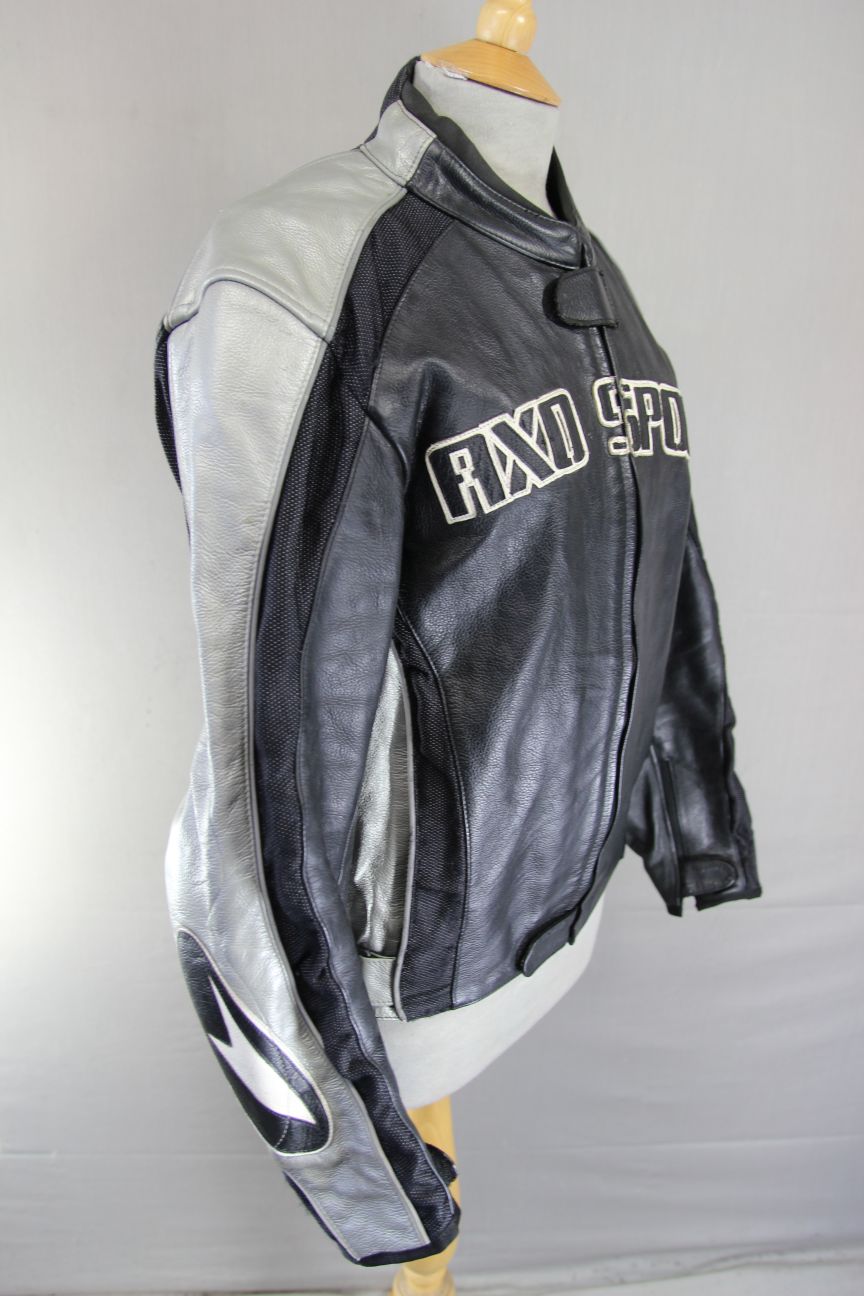 AXO SPORT BLACK & SILVER LEATHER BIKER JACKET + SHOULDER & ELBOW CE ARMOUR 38 IN