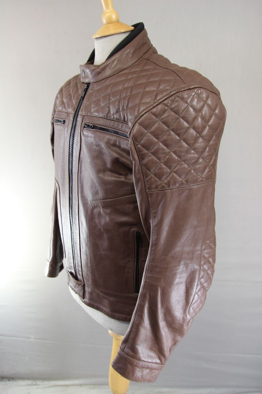 STINA MOTO BROWN LEATHER BIKER JACKET WITH CE ARMOUR & THERMAL LINING 40 IN/MED