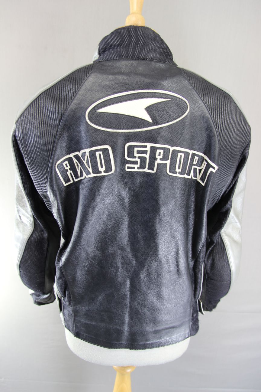 AXO SPORT BLACK & SILVER LEATHER BIKER JACKET + SHOULDER & ELBOW CE ARMOUR 38 IN
