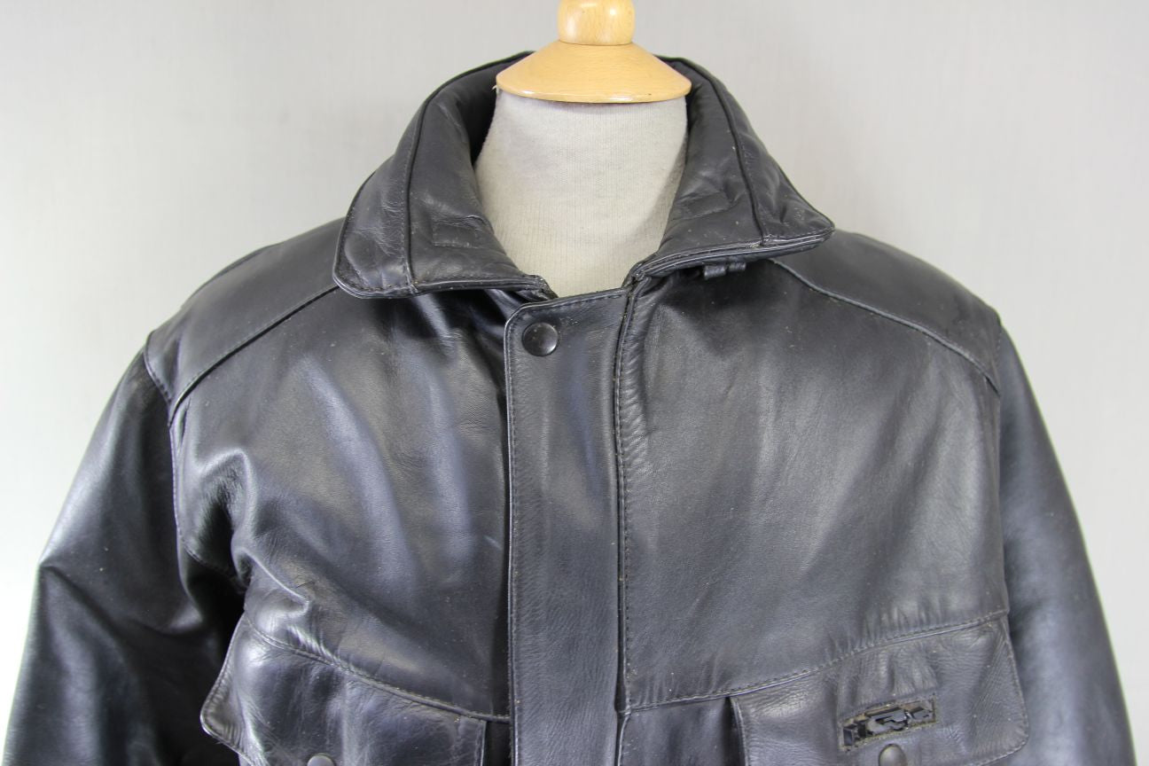 VINTAGE 1980's FRANK THOMAS B52 PILOT ARMASPORT BLACK LEATHER BIKER JACKET 40 IN