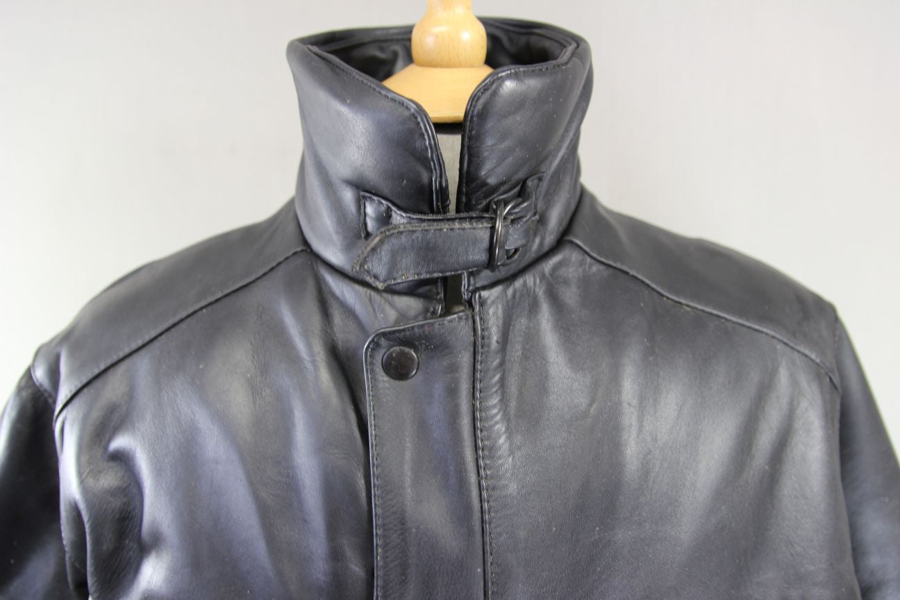 VINTAGE 1980's FRANK THOMAS B52 PILOT ARMASPORT BLACK LEATHER BIKER JACKET 40 IN
