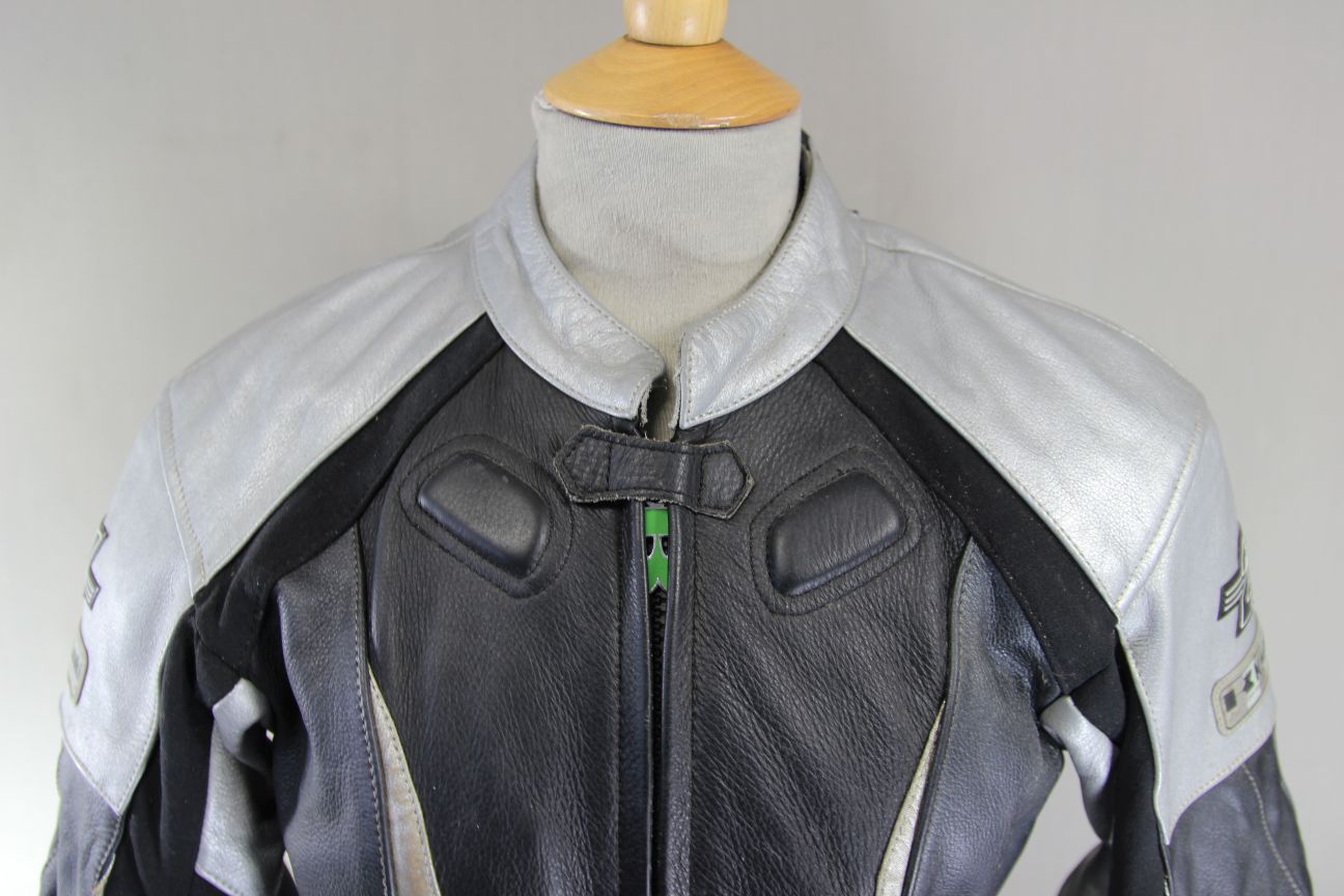 KAWASAKI 21 NINJA BLACK & SILVER LEATHER BIKER JACKET WITH CE ARMOUR 36 INCH