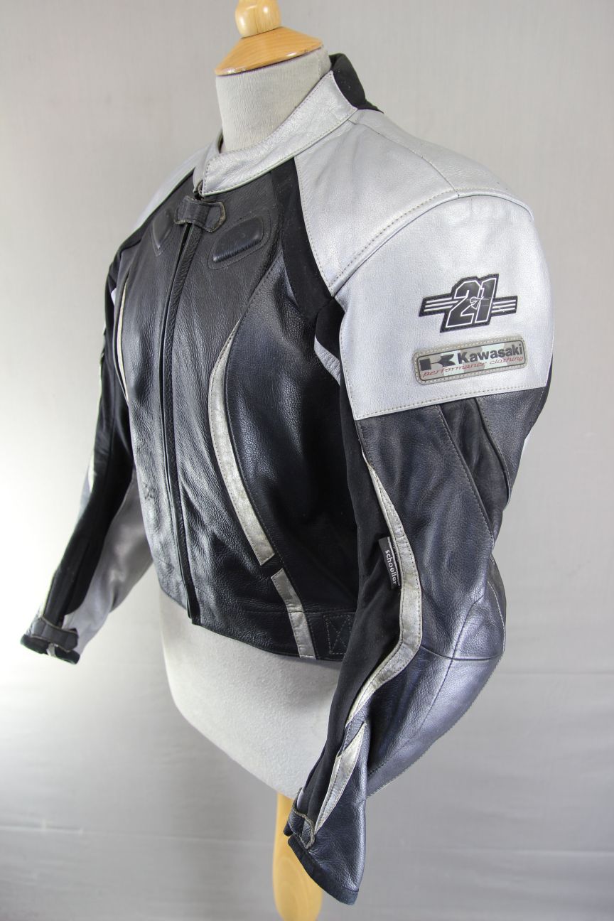 KAWASAKI 21 NINJA BLACK & SILVER LEATHER BIKER JACKET WITH CE ARMOUR 36 INCH