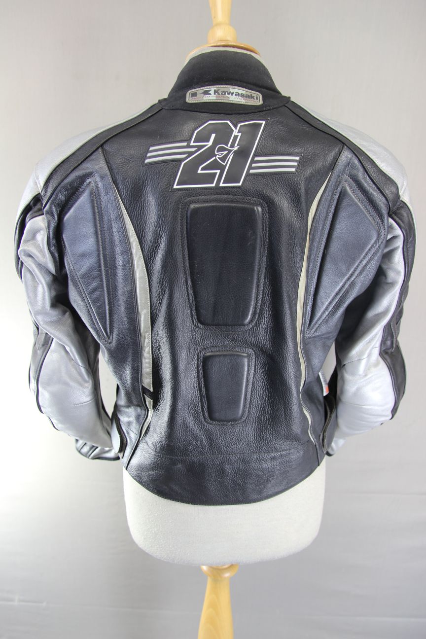 KAWASAKI 21 NINJA BLACK & SILVER LEATHER BIKER JACKET WITH CE ARMOUR 36 INCH