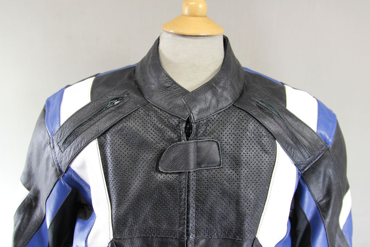 TEXPEED BLACK, BLUE & WHITE LEATHER BIKER JACKET + ARMOUR/THERMAL LINING 44 INCH