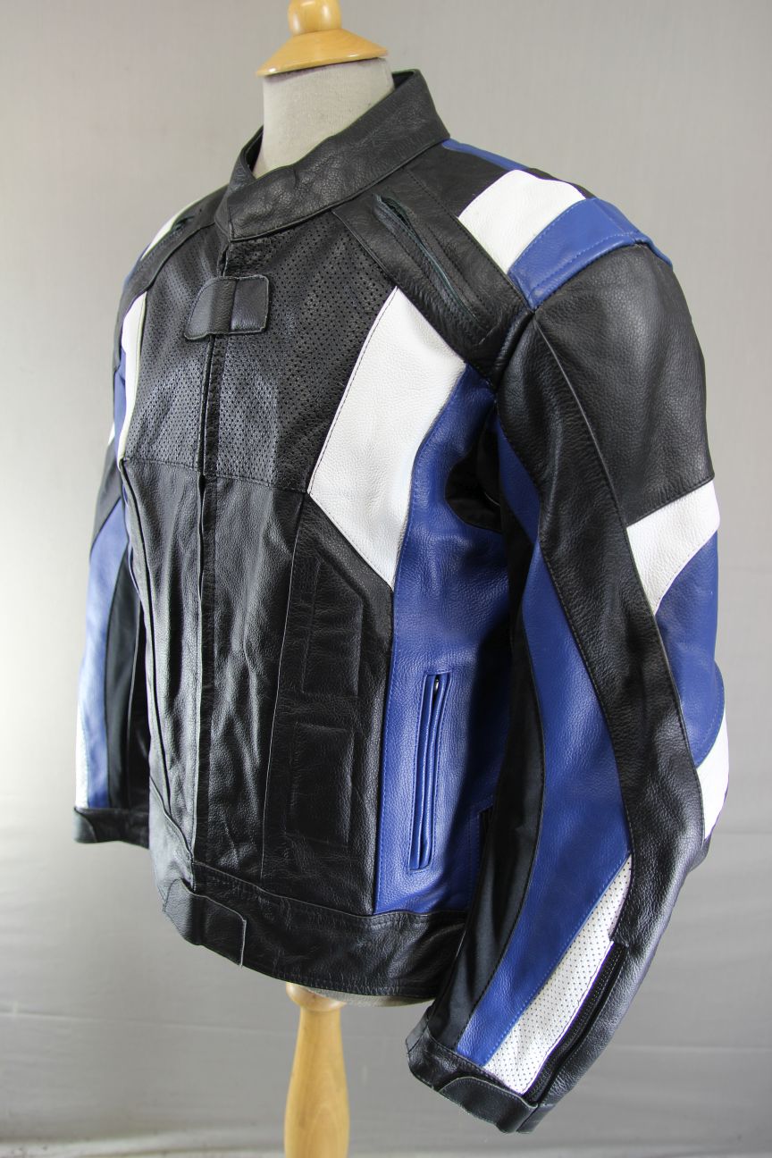 TEXPEED BLACK, BLUE & WHITE LEATHER BIKER JACKET + ARMOUR/THERMAL LINING 44 INCH