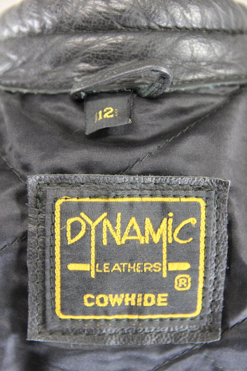 CLASSIC BLACK DYNAMIC LEATHERS COWHIDE BIKER JACKET: SIZE 12