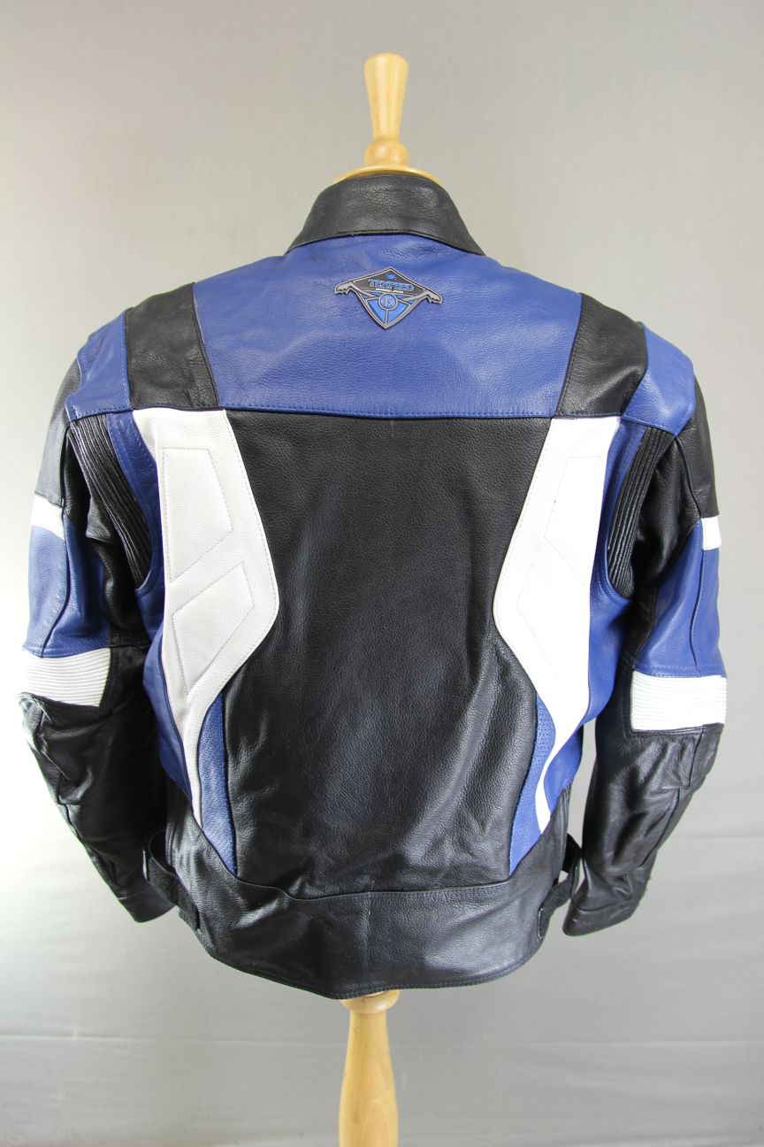 TEXPEED BLACK, BLUE & WHITE LEATHER BIKER JACKET + ARMOUR/THERMAL LINING 44 INCH