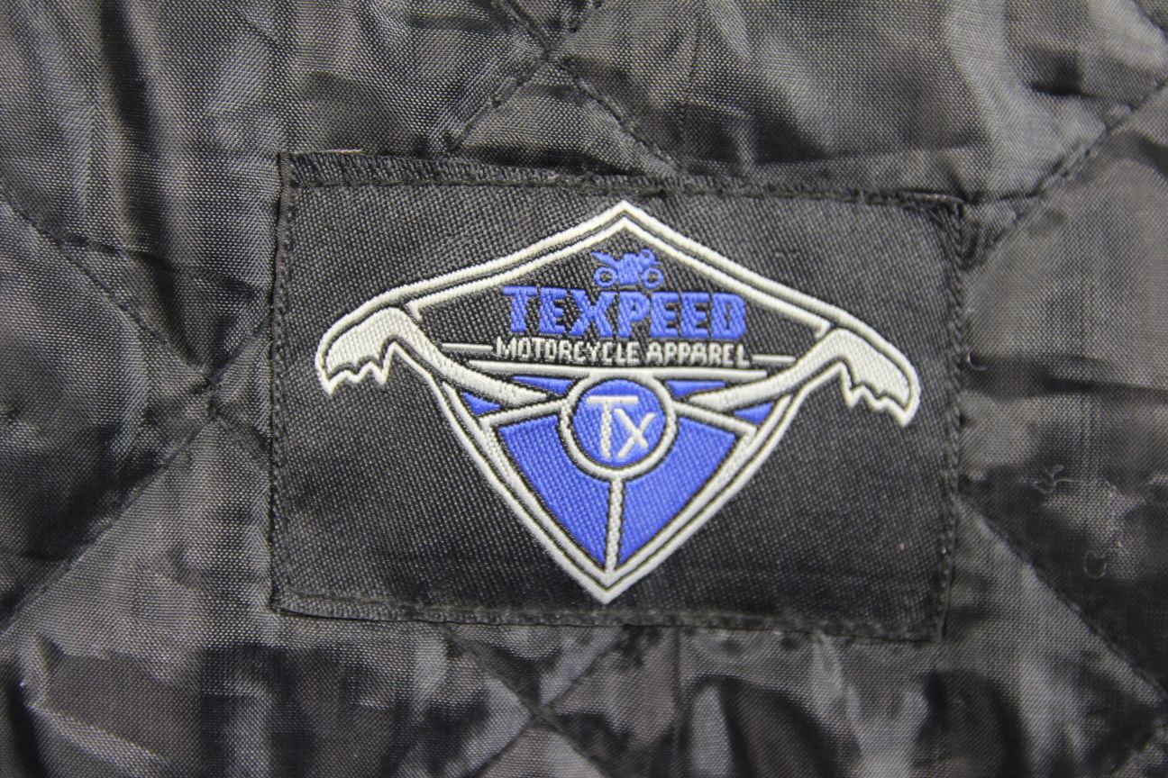 TEXPEED BLACK, BLUE & WHITE LEATHER BIKER JACKET + ARMOUR/THERMAL LINING 44 INCH