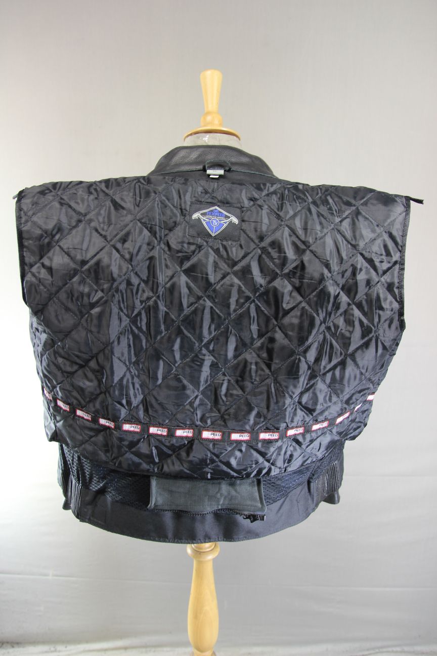 TEXPEED BLACK, BLUE & WHITE LEATHER BIKER JACKET + ARMOUR/THERMAL LINING 44 INCH