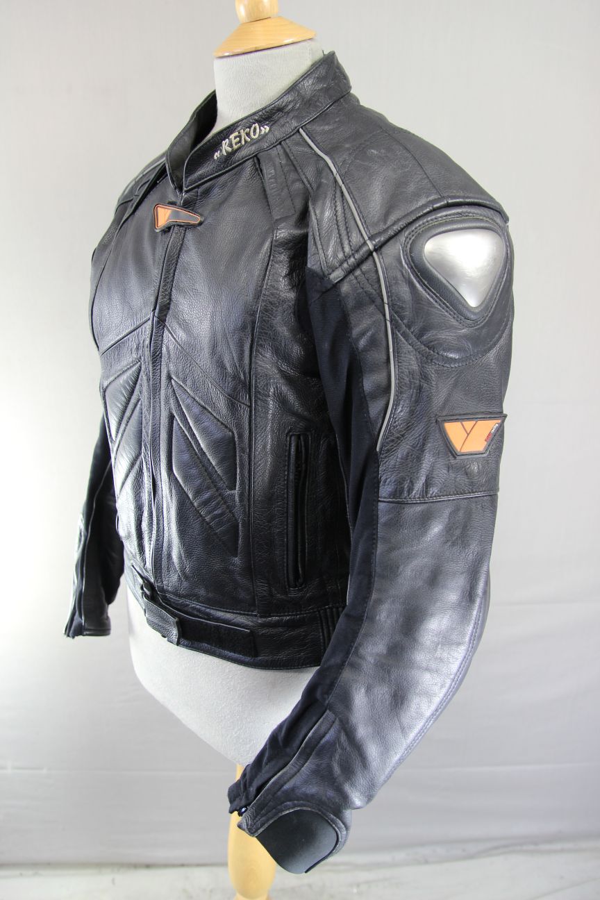 REKO RACING BLACK LEATHER BIKER JACKET WITH CE ARMOUR & THERMAL LINING 36-38IN/S