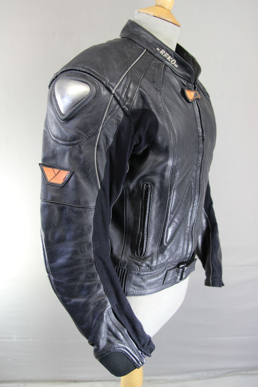 REKO RACING BLACK LEATHER BIKER JACKET WITH CE ARMOUR & THERMAL LINING 36-38IN/S