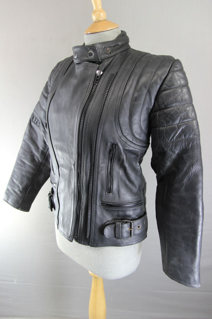 CLASSIC JT'S BLACK LEATHER LADIES BIKER JACKET: 34 INCH/SIZE MEDIUM