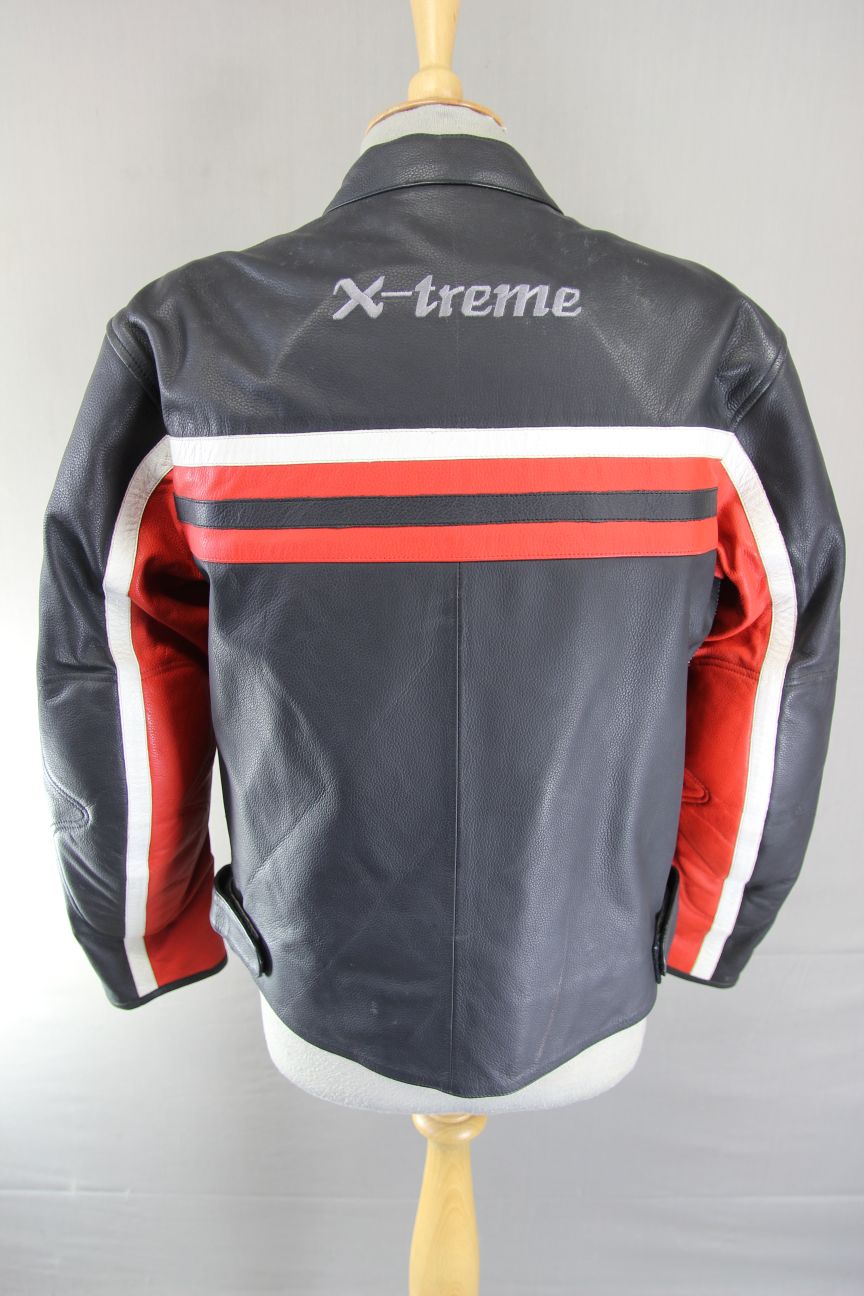 X-TREME BLACK, RED & WHITE LEATHER BIKER JACKET WITH CE ARMOUR SIZE 12/36 INCH