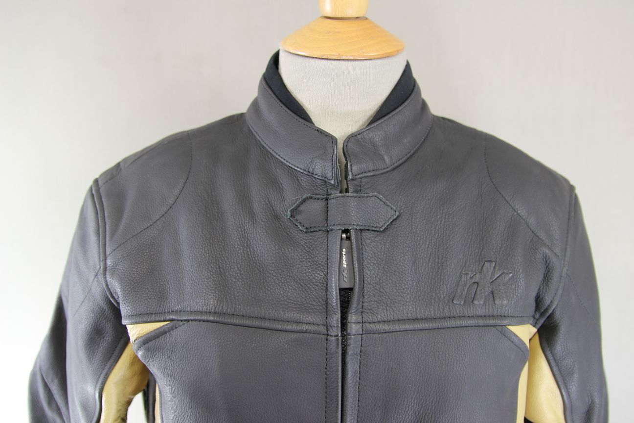 RK SPORTS LADIES BLACK & BEIGE LEATHER BIKER JACKET 38 INCH/MEDIUM