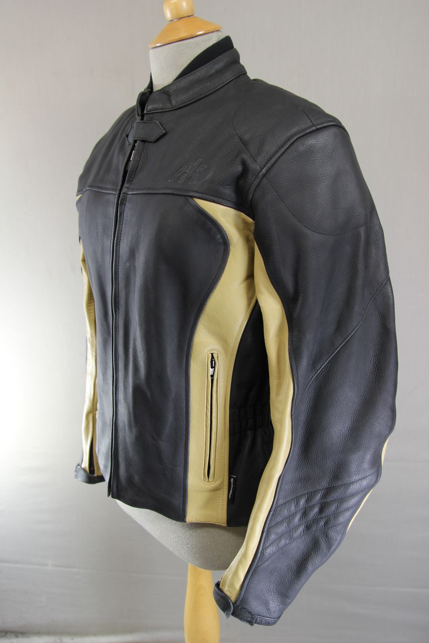 RK SPORTS LADIES BLACK & BEIGE LEATHER BIKER JACKET 38 INCH/MEDIUM