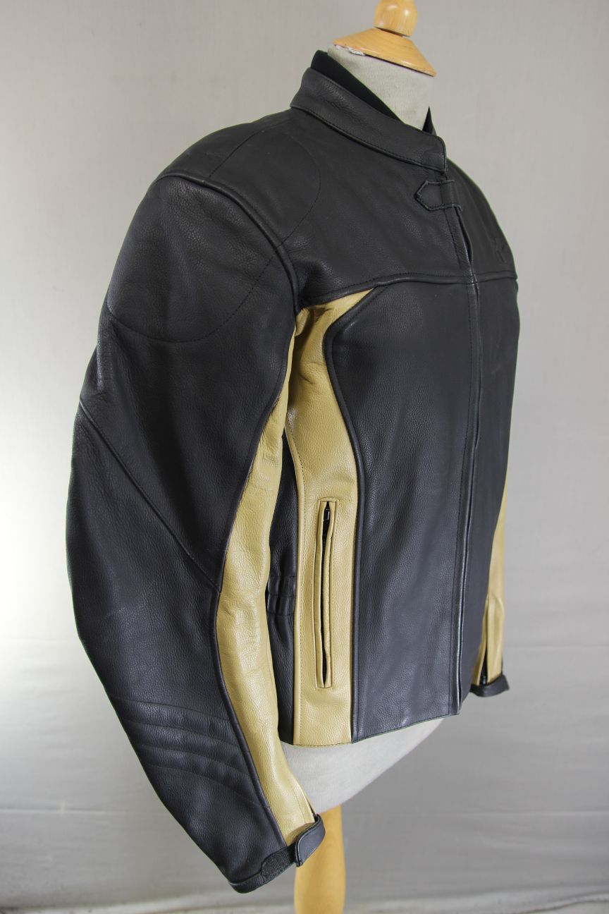 RK SPORTS LADIES BLACK & BEIGE LEATHER BIKER JACKET 38 INCH/MEDIUM