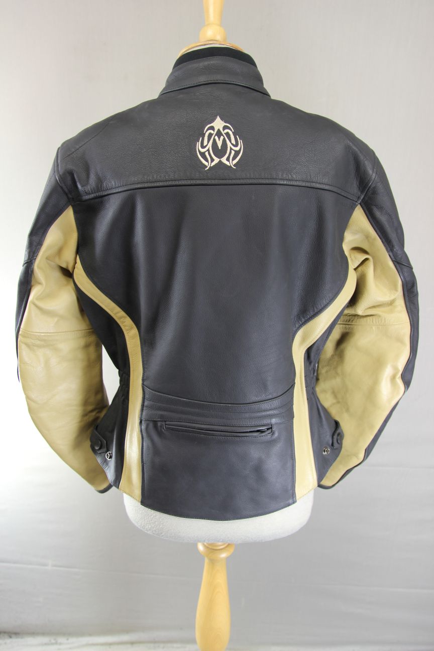 RK SPORTS LADIES BLACK & BEIGE LEATHER BIKER JACKET 38 INCH/MEDIUM