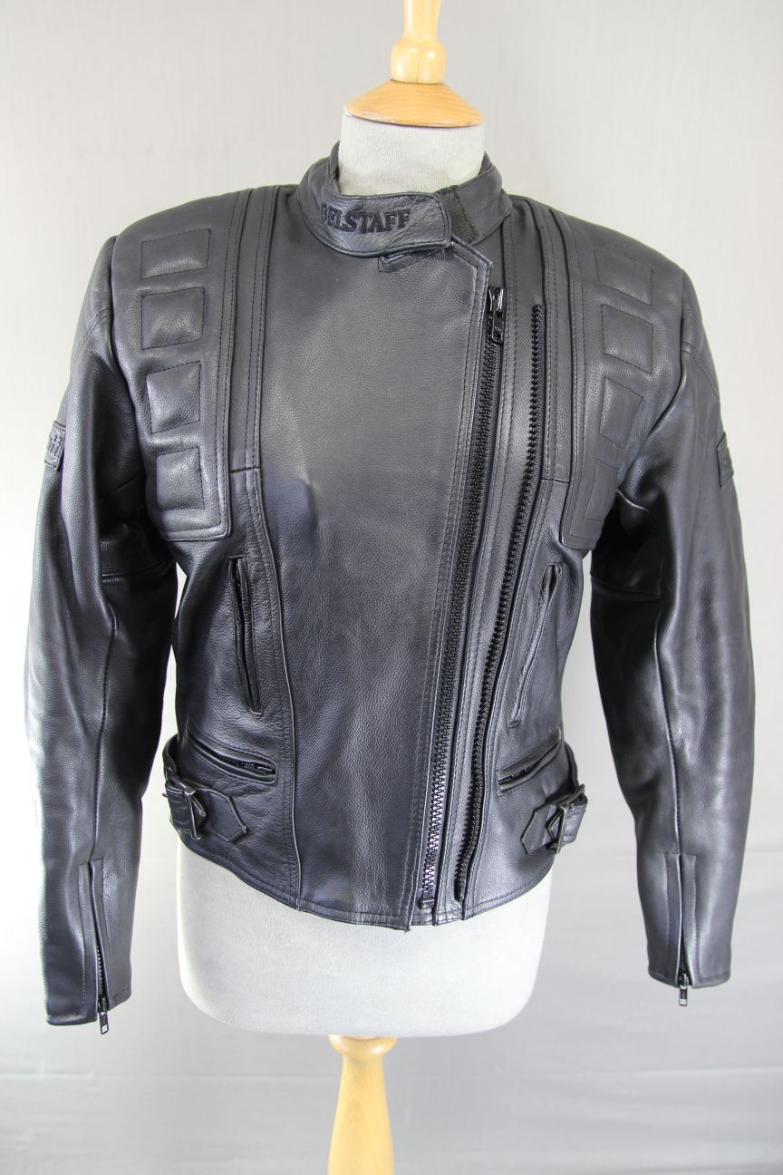 BELSTAFF BLACK LEATHER BIKER JACKET: SIZE 12 34-36 INCH CHEST