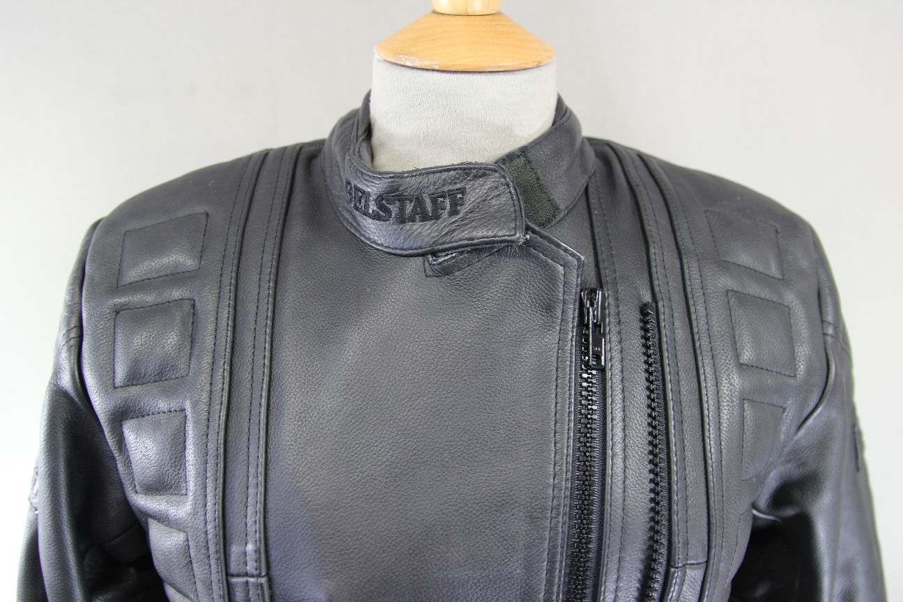 BELSTAFF BLACK LEATHER BIKER JACKET: SIZE 12 34-36 INCH CHEST