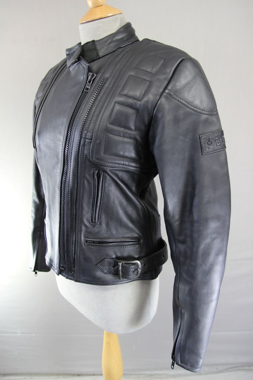 BELSTAFF BLACK LEATHER BIKER JACKET: SIZE 12 34-36 INCH CHEST