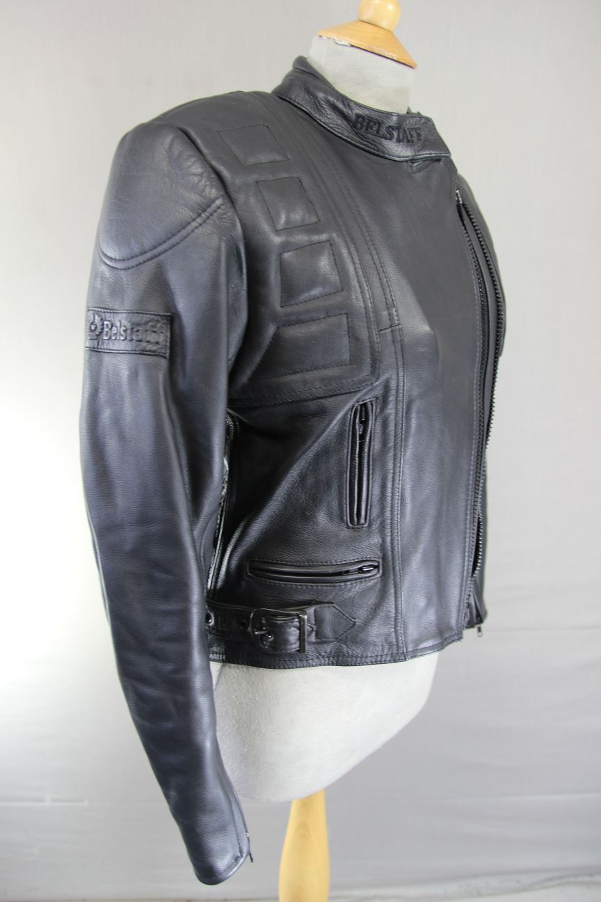 BELSTAFF BLACK LEATHER BIKER JACKET: SIZE 12 34-36 INCH CHEST