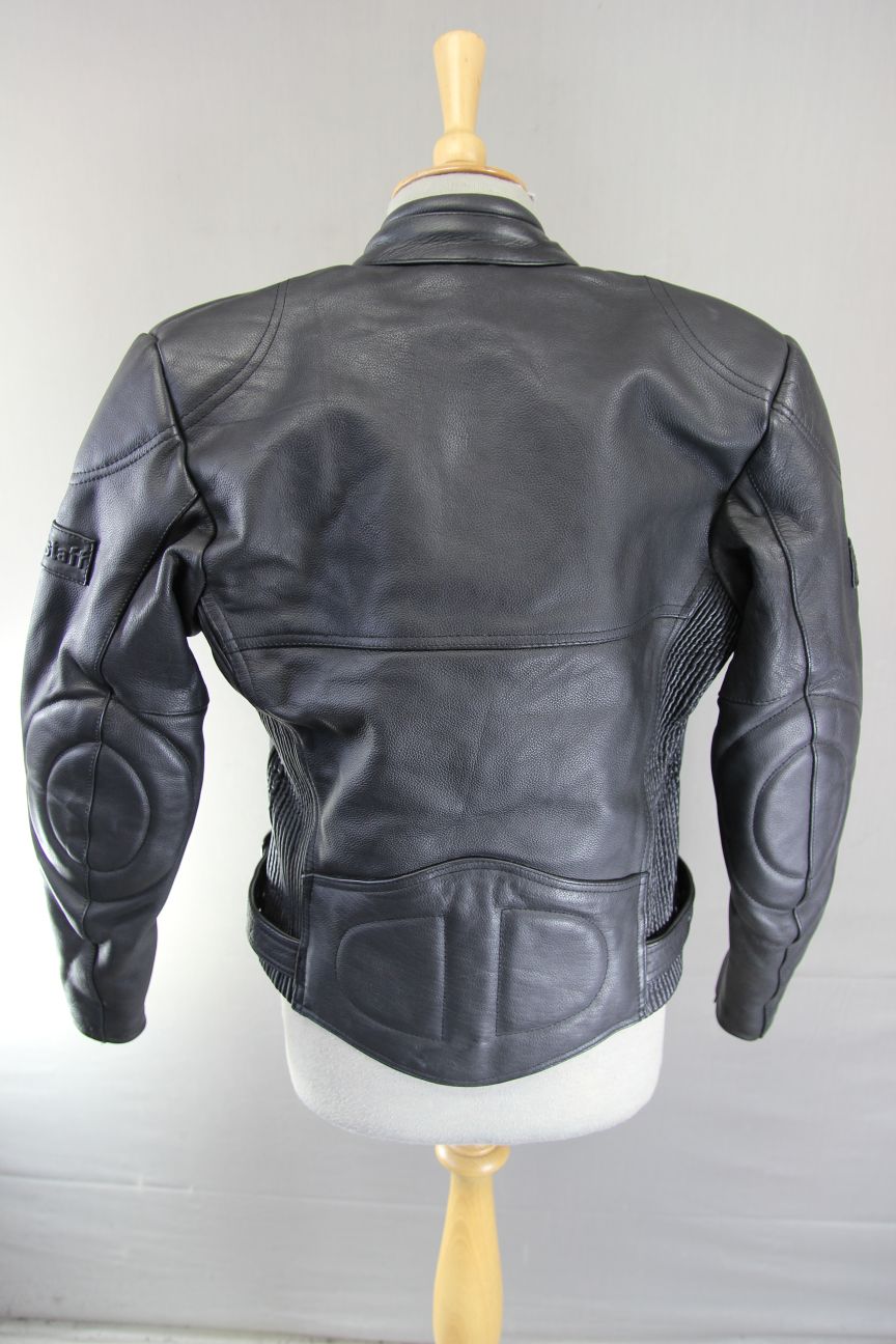 BELSTAFF BLACK LEATHER BIKER JACKET: SIZE 12 34-36 INCH CHEST