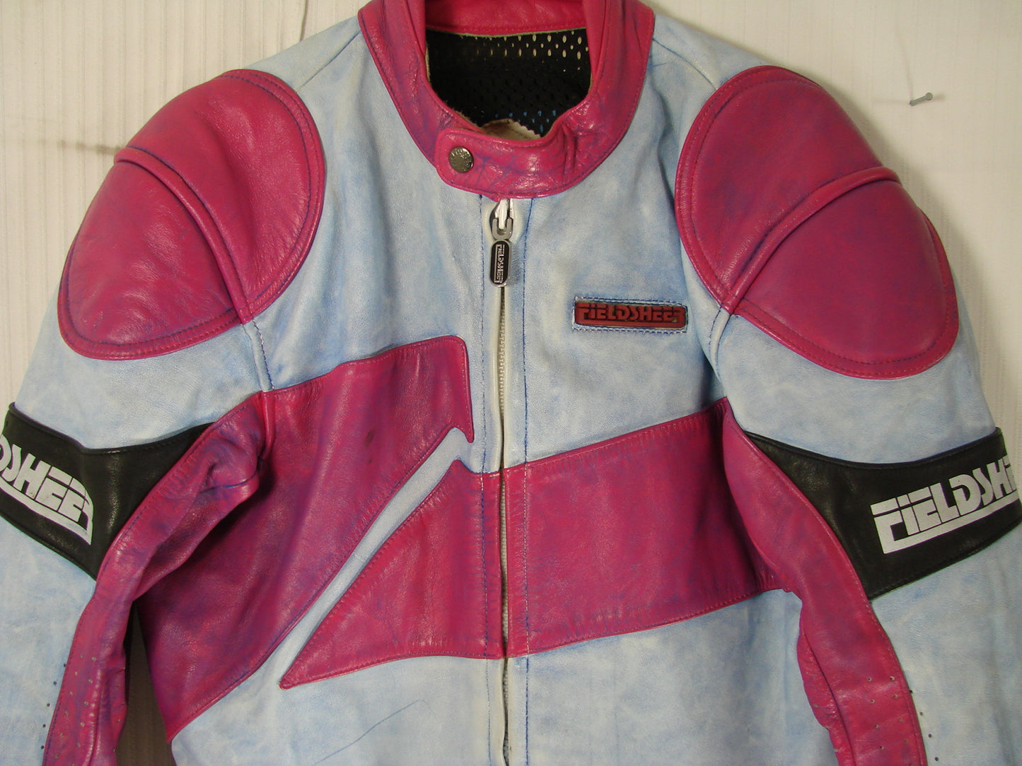 VINTAGE 80'S/90'S FIELDSHEER 2 PIECE BLUE & PURPLE LEATHER BIKER SUIT 42 INCH