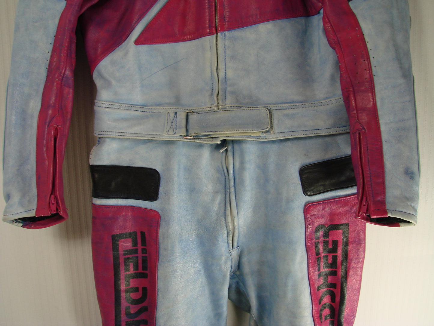 VINTAGE 80'S/90'S FIELDSHEER 2 PIECE BLUE & PURPLE LEATHER BIKER SUIT 42 INCH