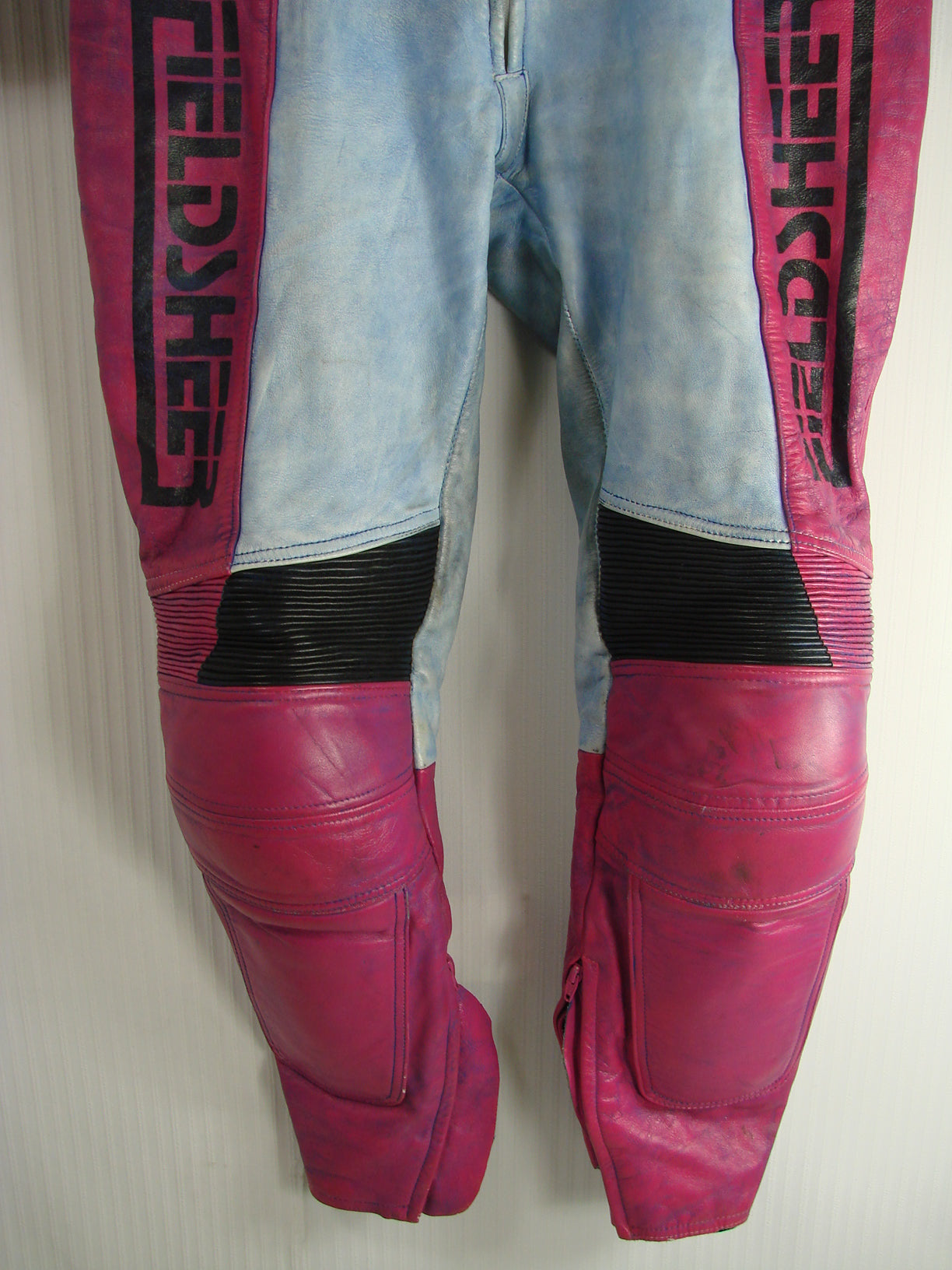 VINTAGE 80'S/90'S FIELDSHEER 2 PIECE BLUE & PURPLE LEATHER BIKER SUIT 42 INCH